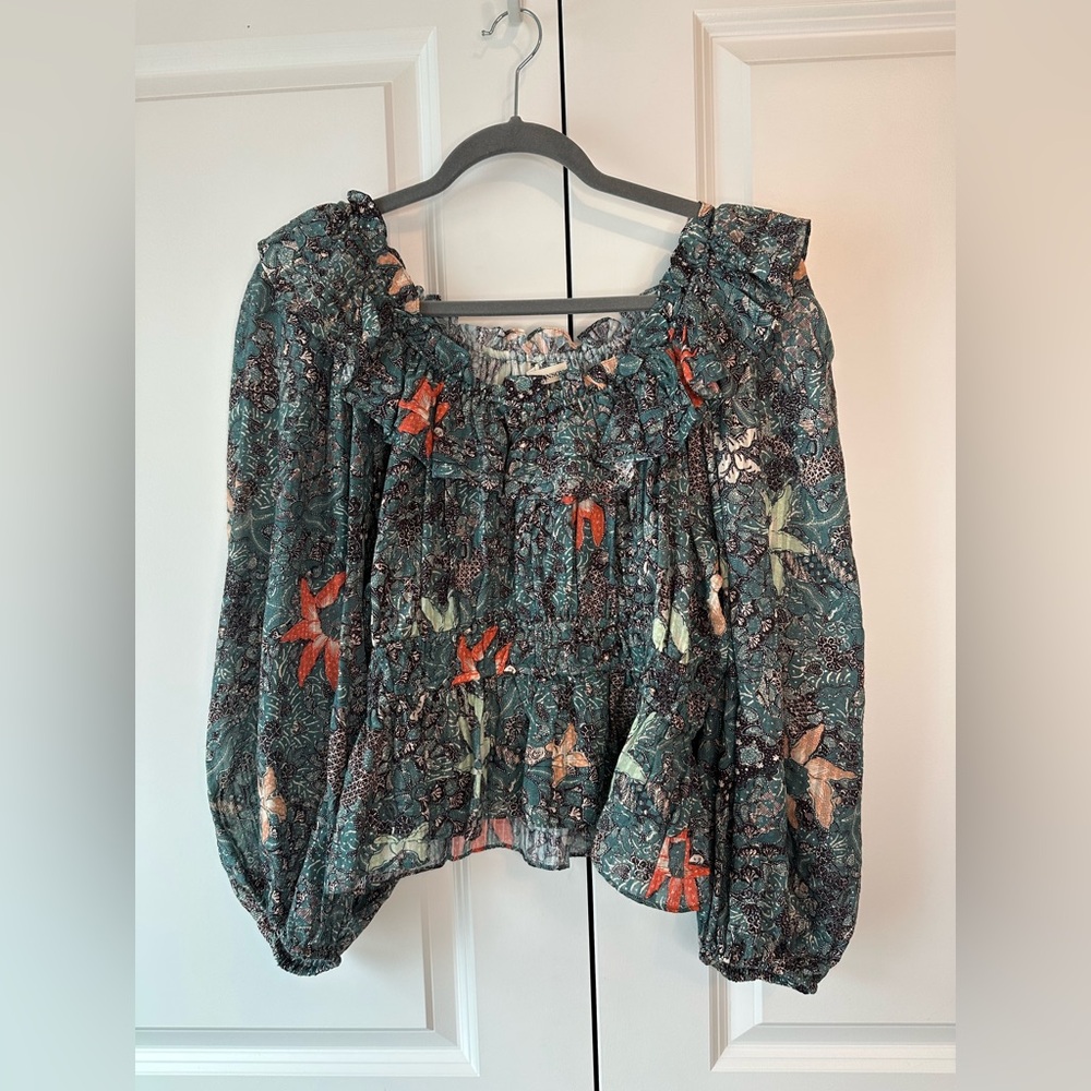 Ulla Johnson‎ Ruffled Peplum Asmara Blouse Floral Malachite (Size 12)